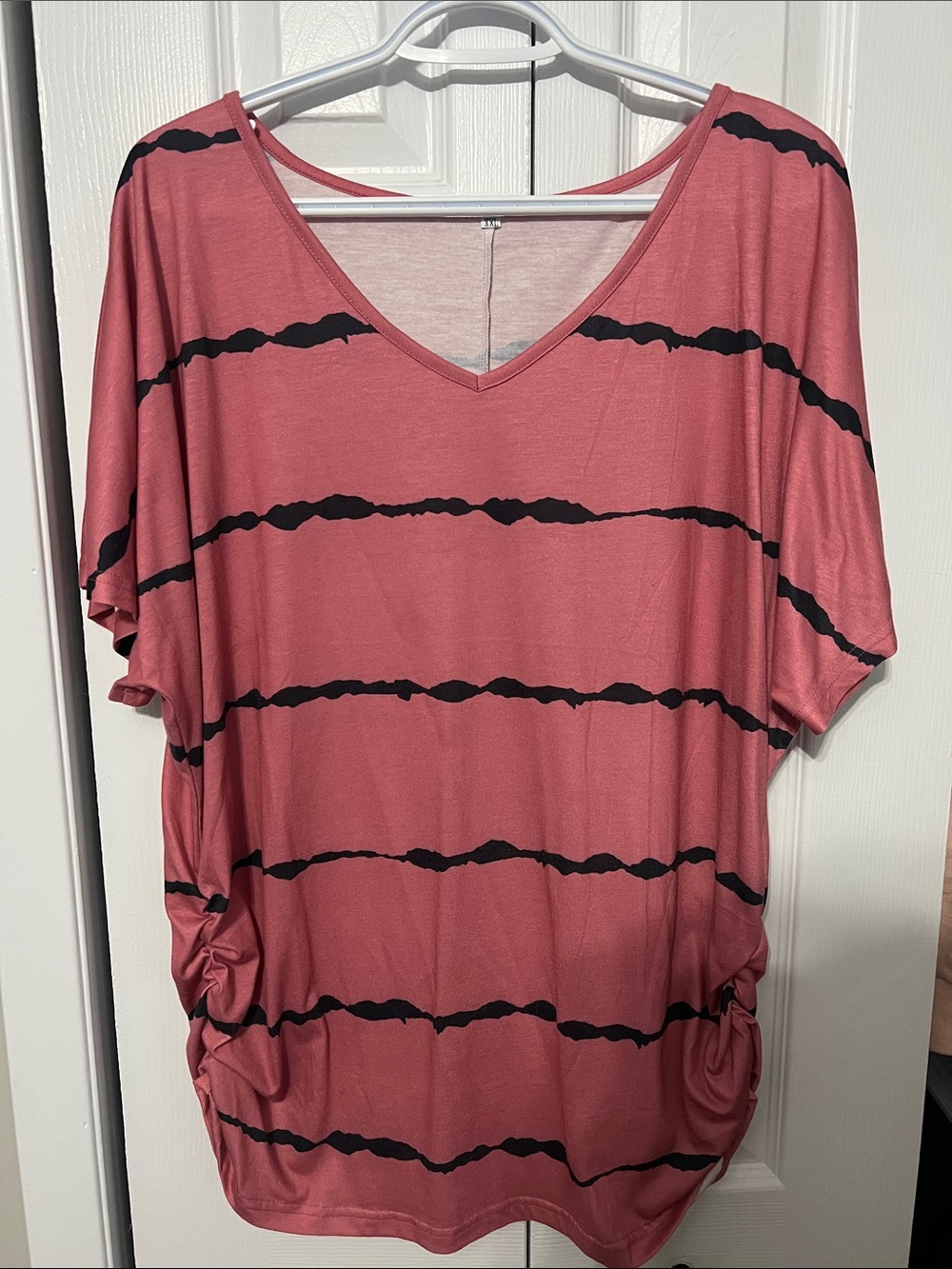 Women’s V-Neck Short Sleeve Top in Dusty Rose with Black Stripes